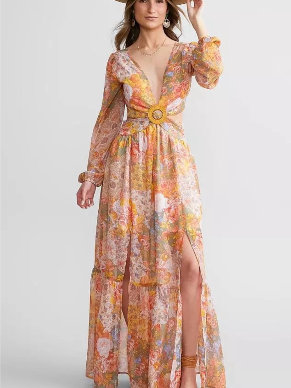 Floral Maxi Dress with Deep V and Belted Waist in Peach